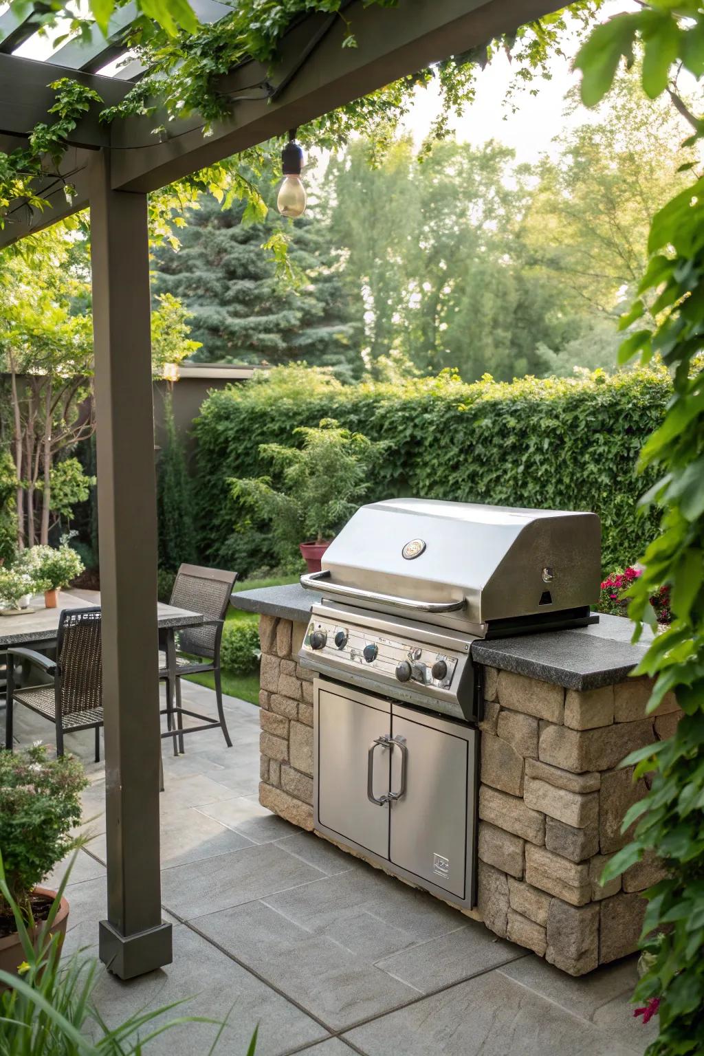A BBQ setup that integrates smoothly with garden panoramas.