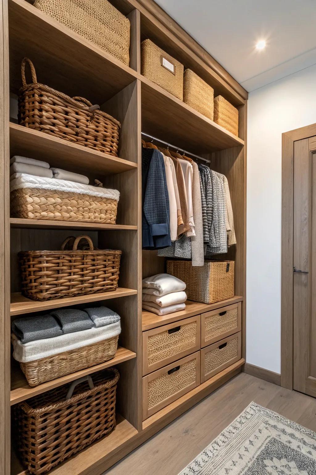 Wicker baskets add a stylish and practical storage element.