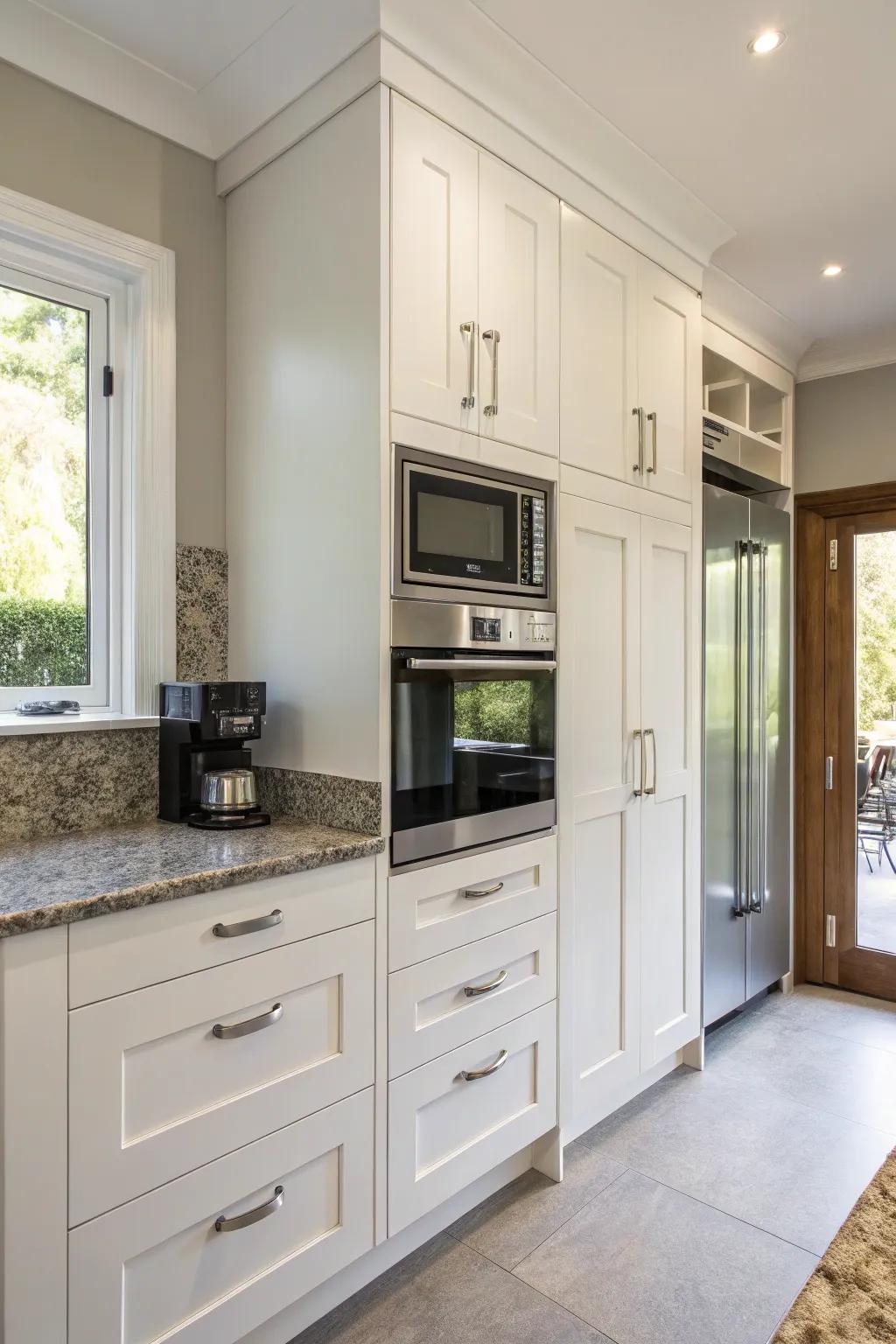 Contemporary kitchen featuring a wave emitter integrated into a tall cabinet.