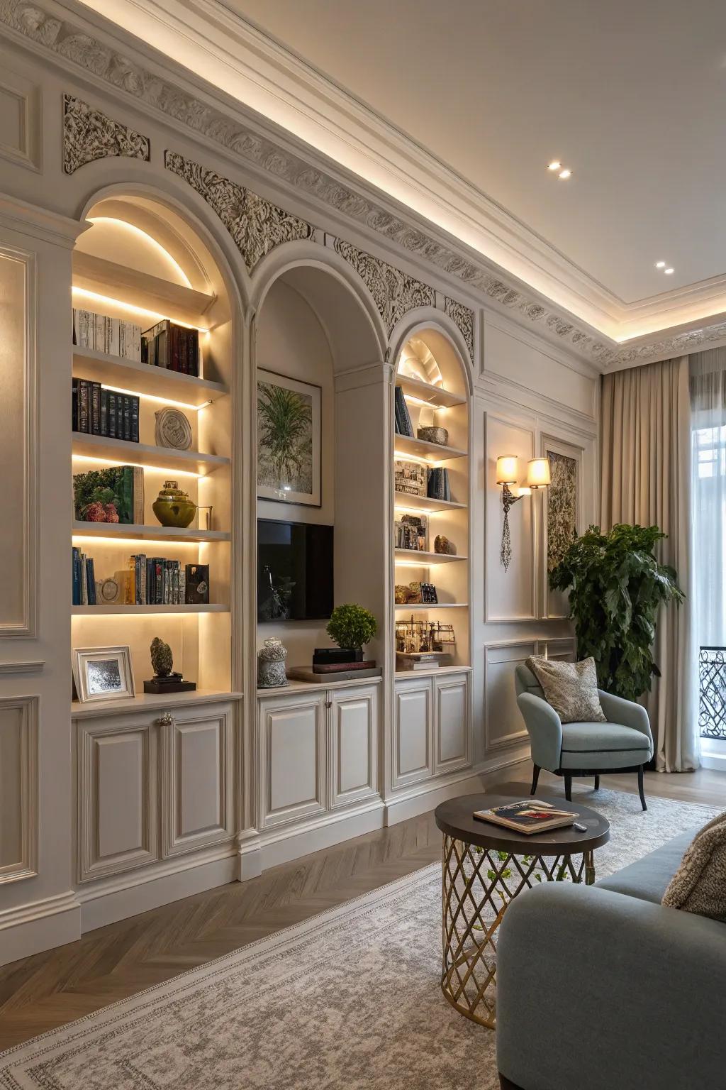 Architectural subtleties infuse refinement and poise into built-in shelving.