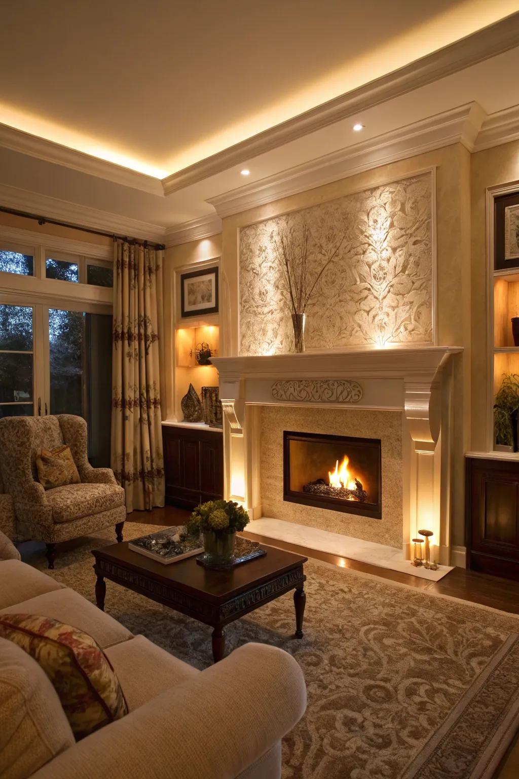 Lighting solutions amplify the beauty of the fireplace's built-in features.