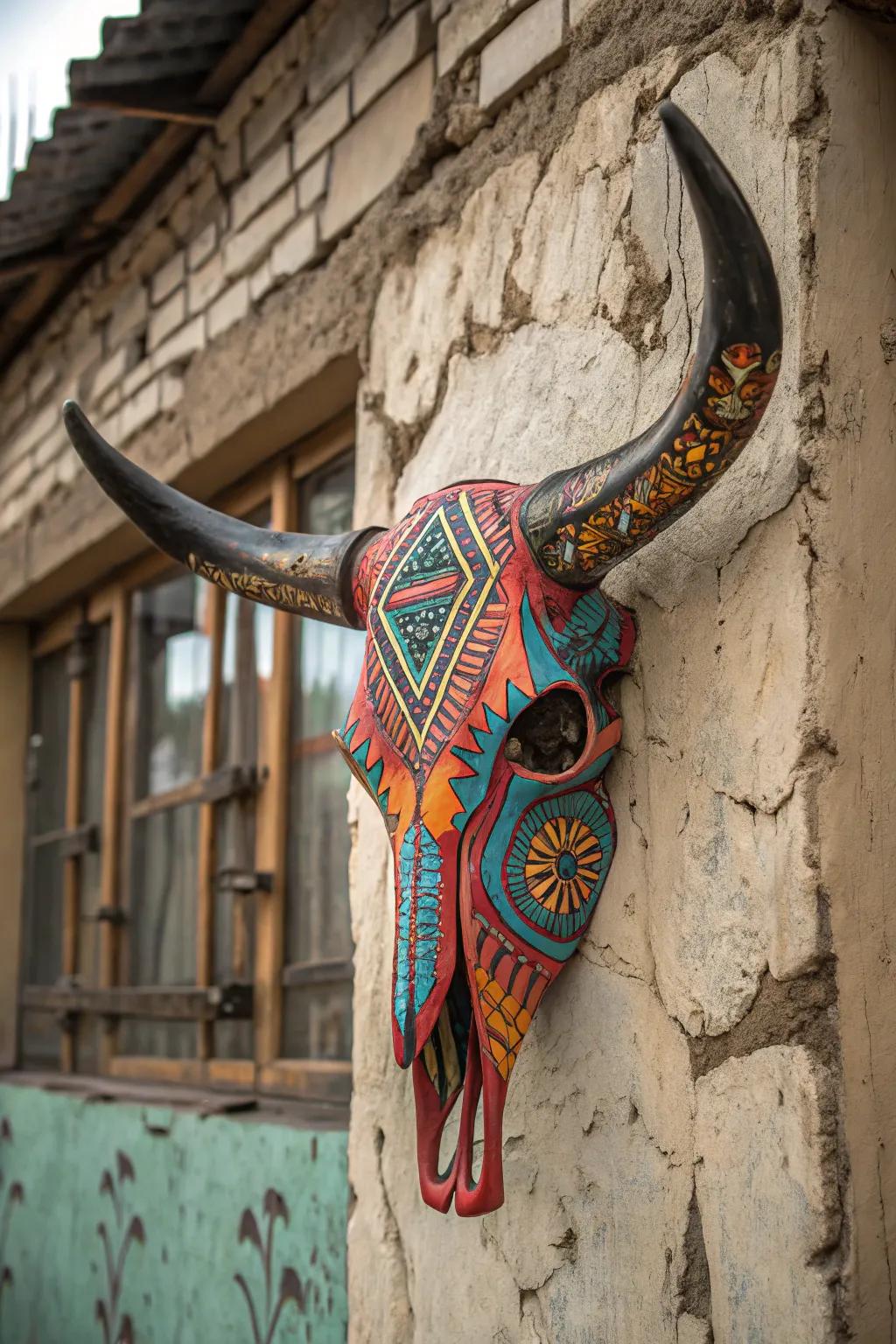 Vibrantly painted bull skull adding personality.