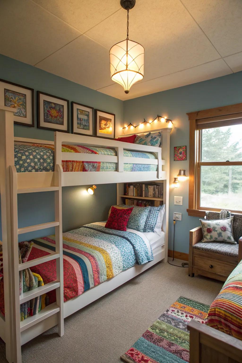 A thoughtfully illuminated bunk room that strikes a balance between natural and artificial light.