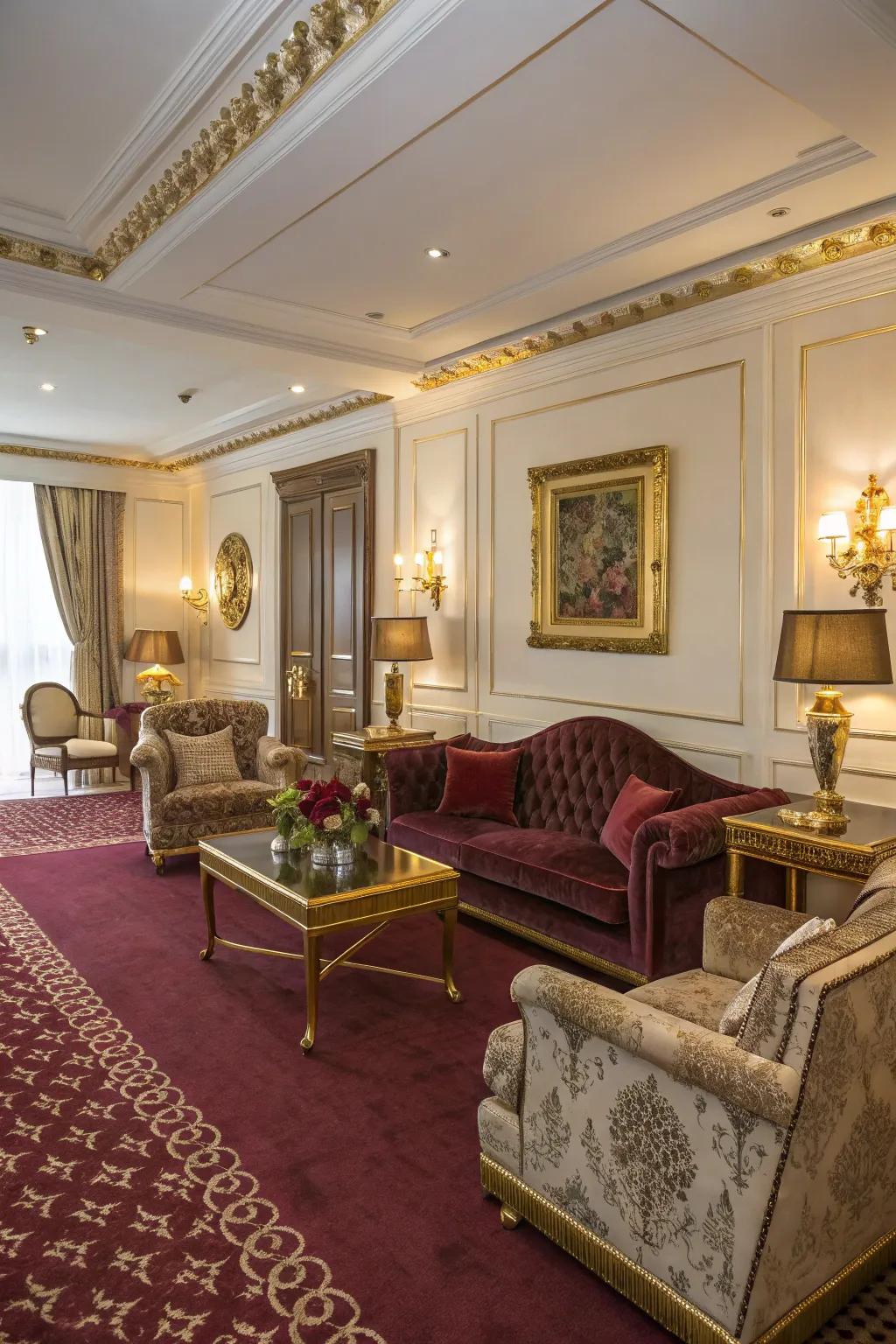 Opulent themes featuring gold and plush enhance the luxury of a deep red floor covering.
