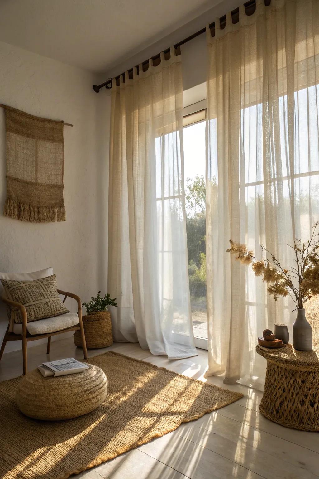 Radiant and airy through layered material and see-through window coverings.