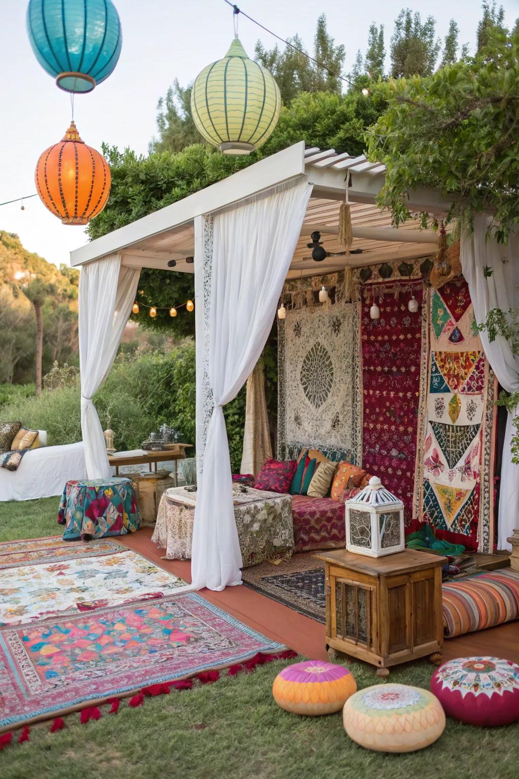 Bohemian cabana showcasing vibrant textiles and unique decor.