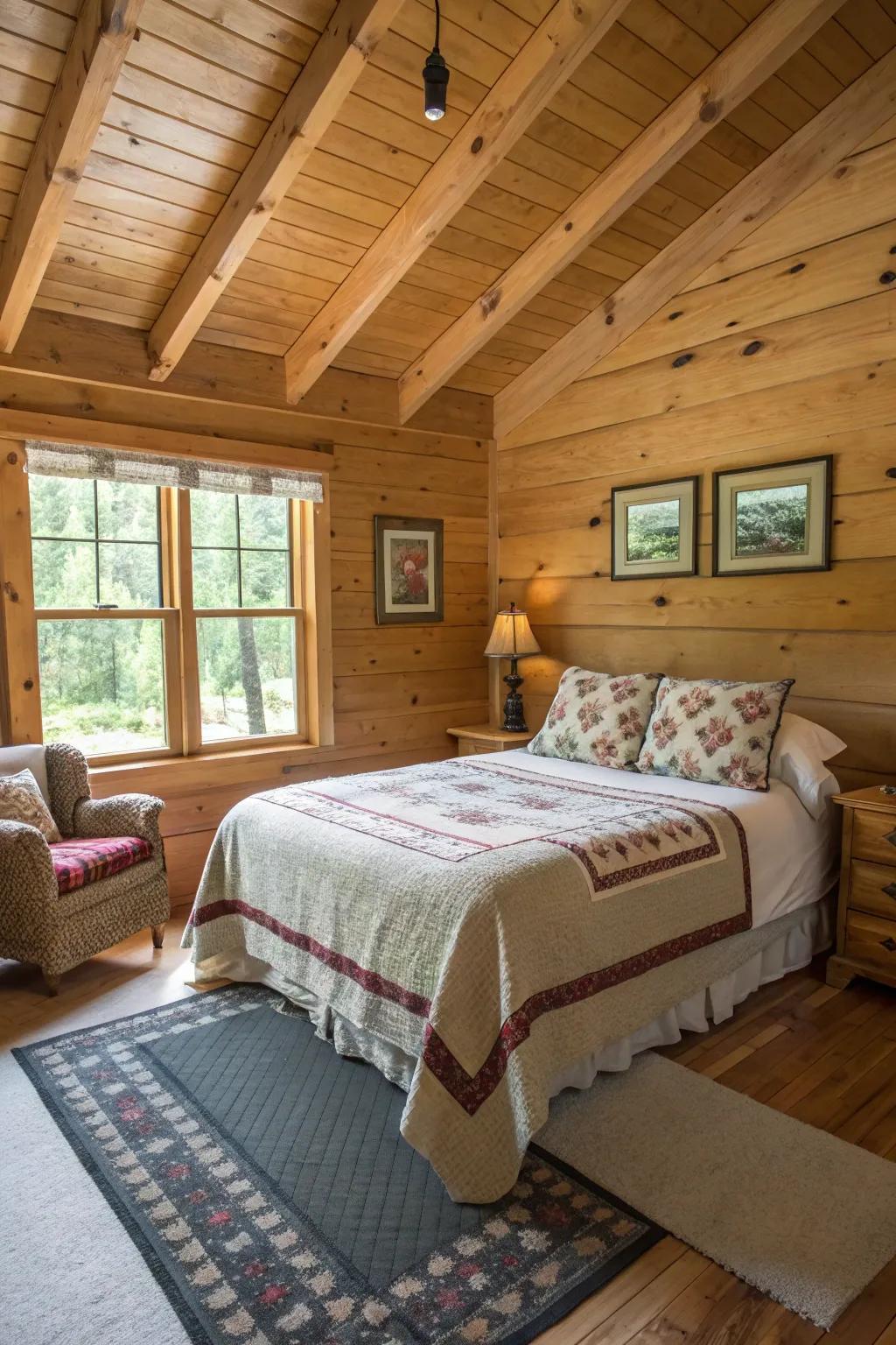 A cabin bedroom with an open layout, featuring minimal furniture.