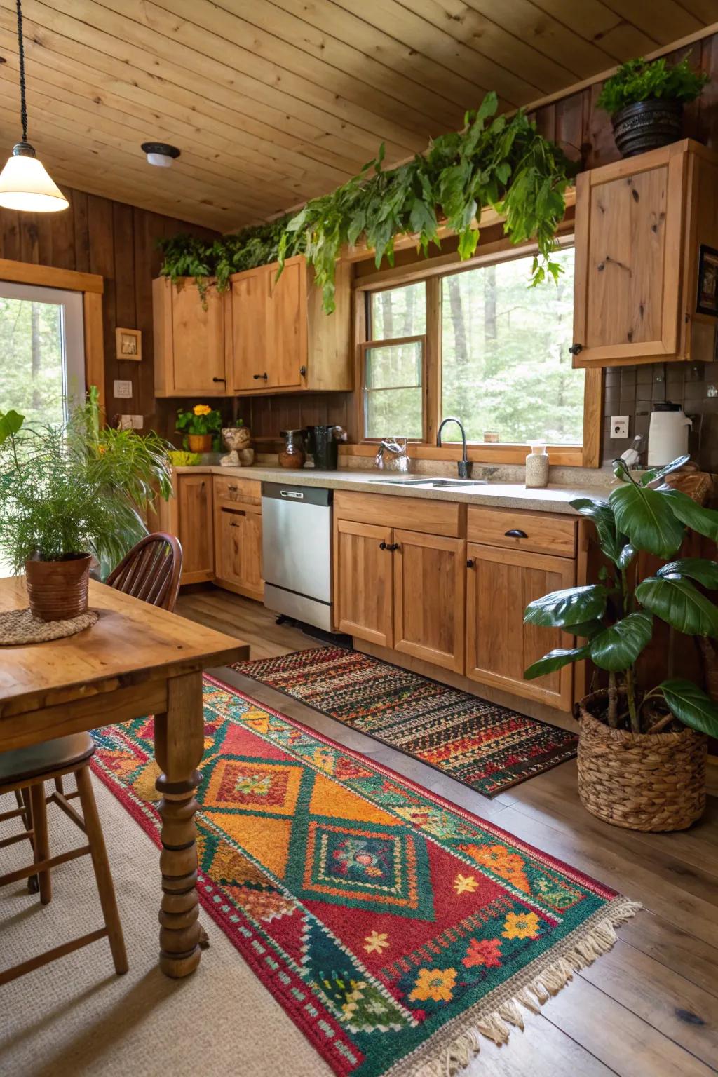 Rugs and plants introduce comfort and style to a cabin cooking space.