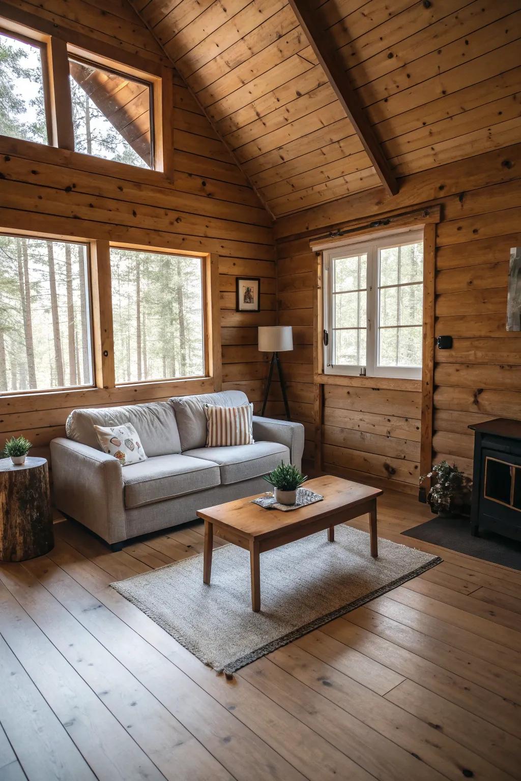 Understated furniture enhances the cabin's spacious feel.