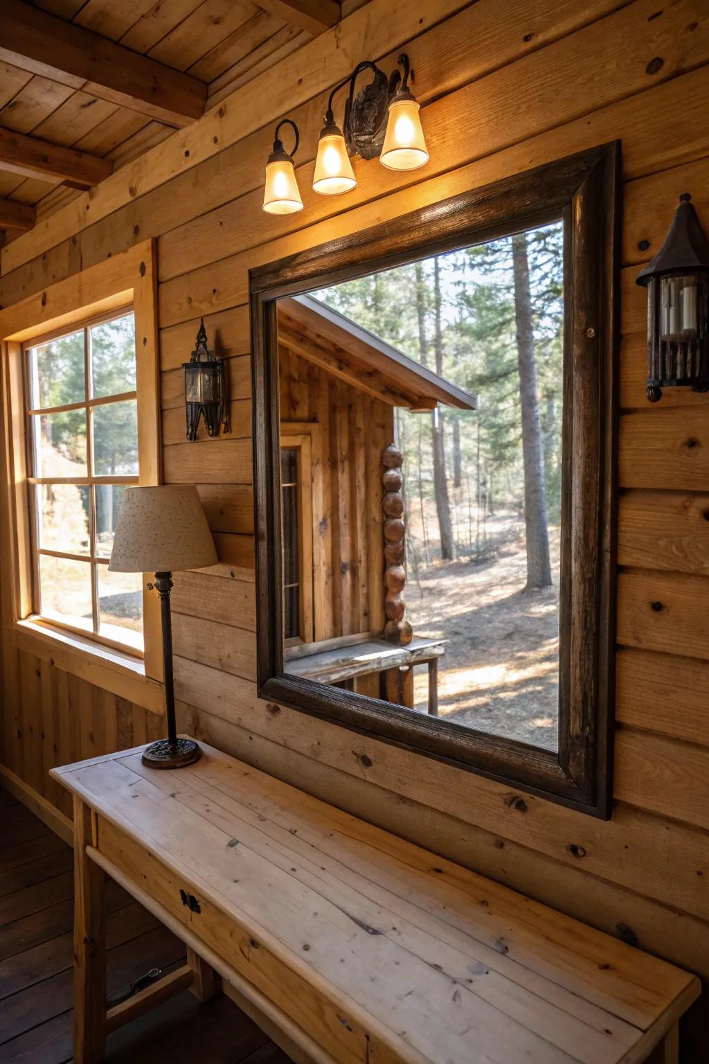 A substantial mirror amplifying light and space within a cabin room.