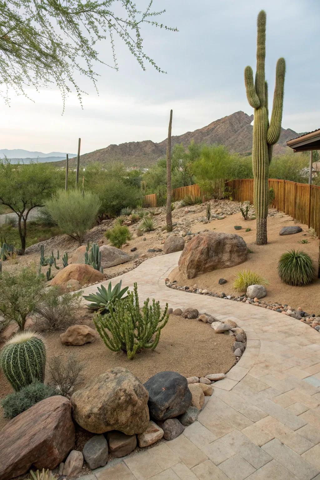 A backyard desert sanctuary featuring sand and cacti.