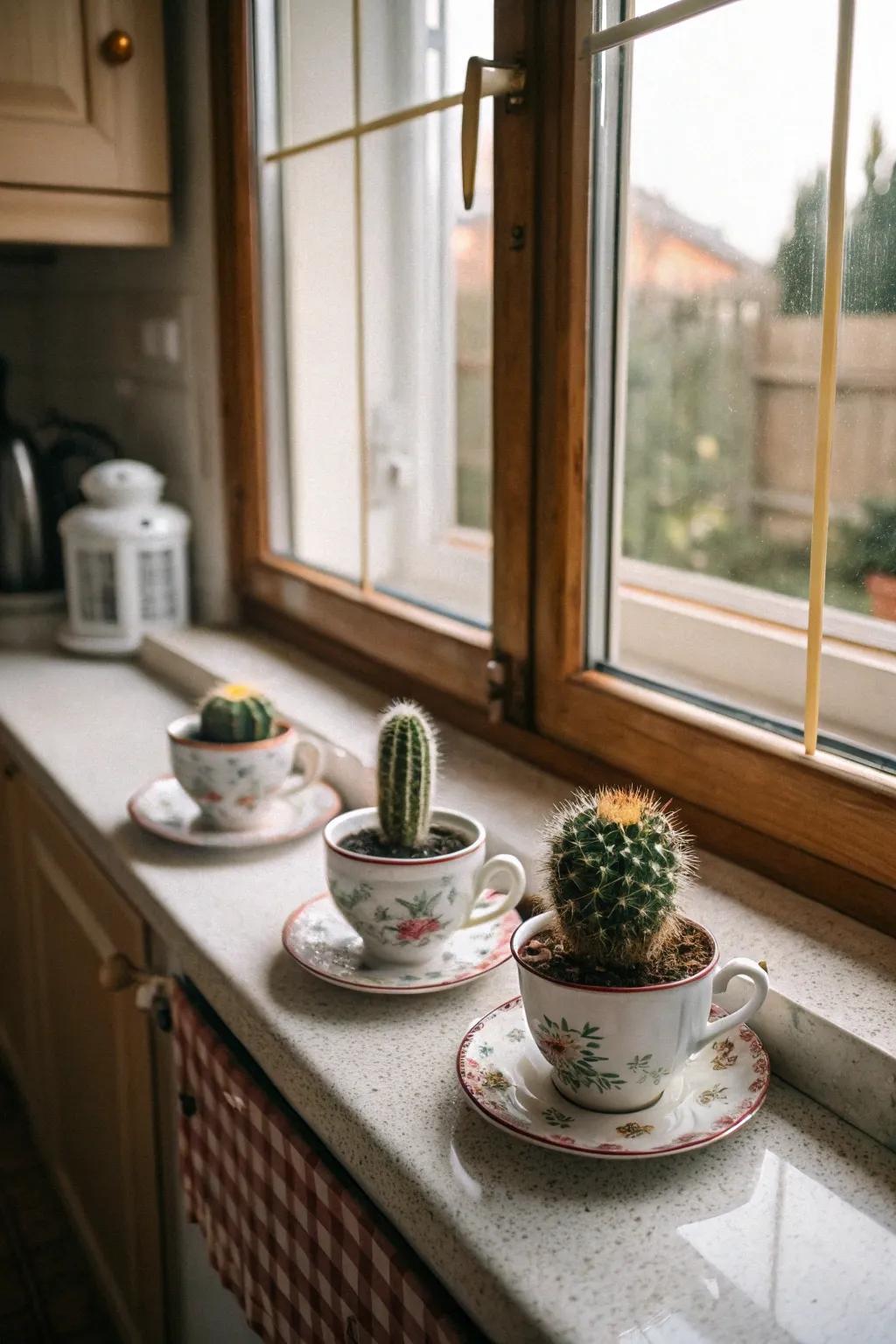 Vintage drinkware offers a whimsical abode for tiny cacti.