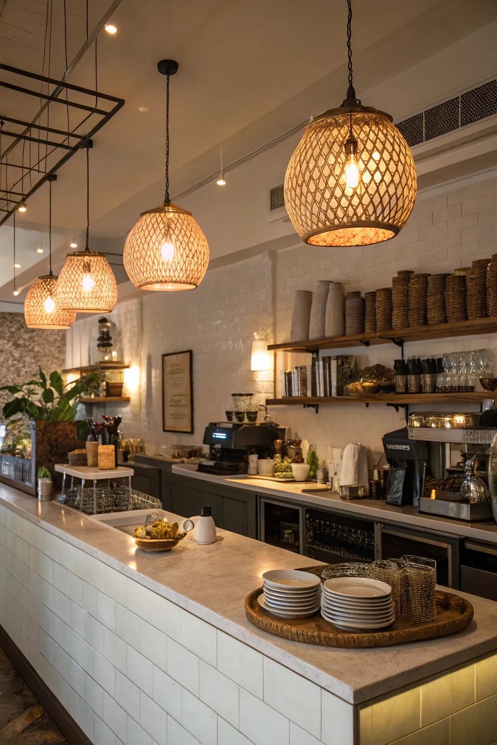 Focal-point lighting fixtures infusing warmth and personality to a cafe cooking area.
