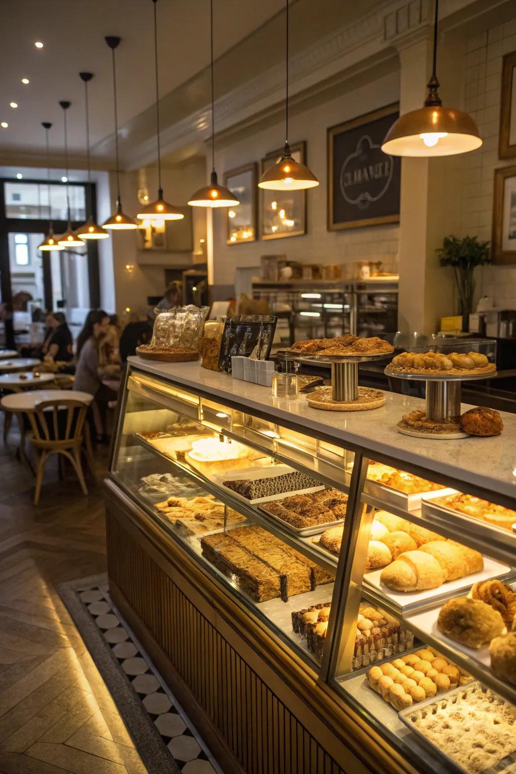 Delectable pastries highlighted by under-cabinet lighting at a cafe counter.