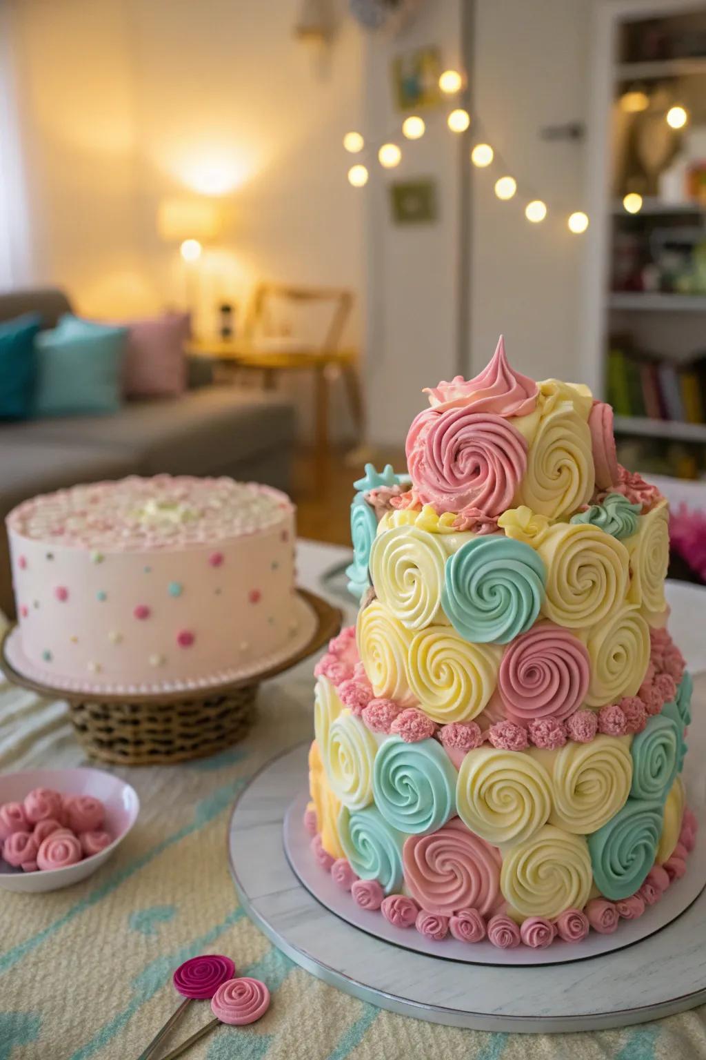 Whimsical spirals and curls delineating a joyous buttercream cake