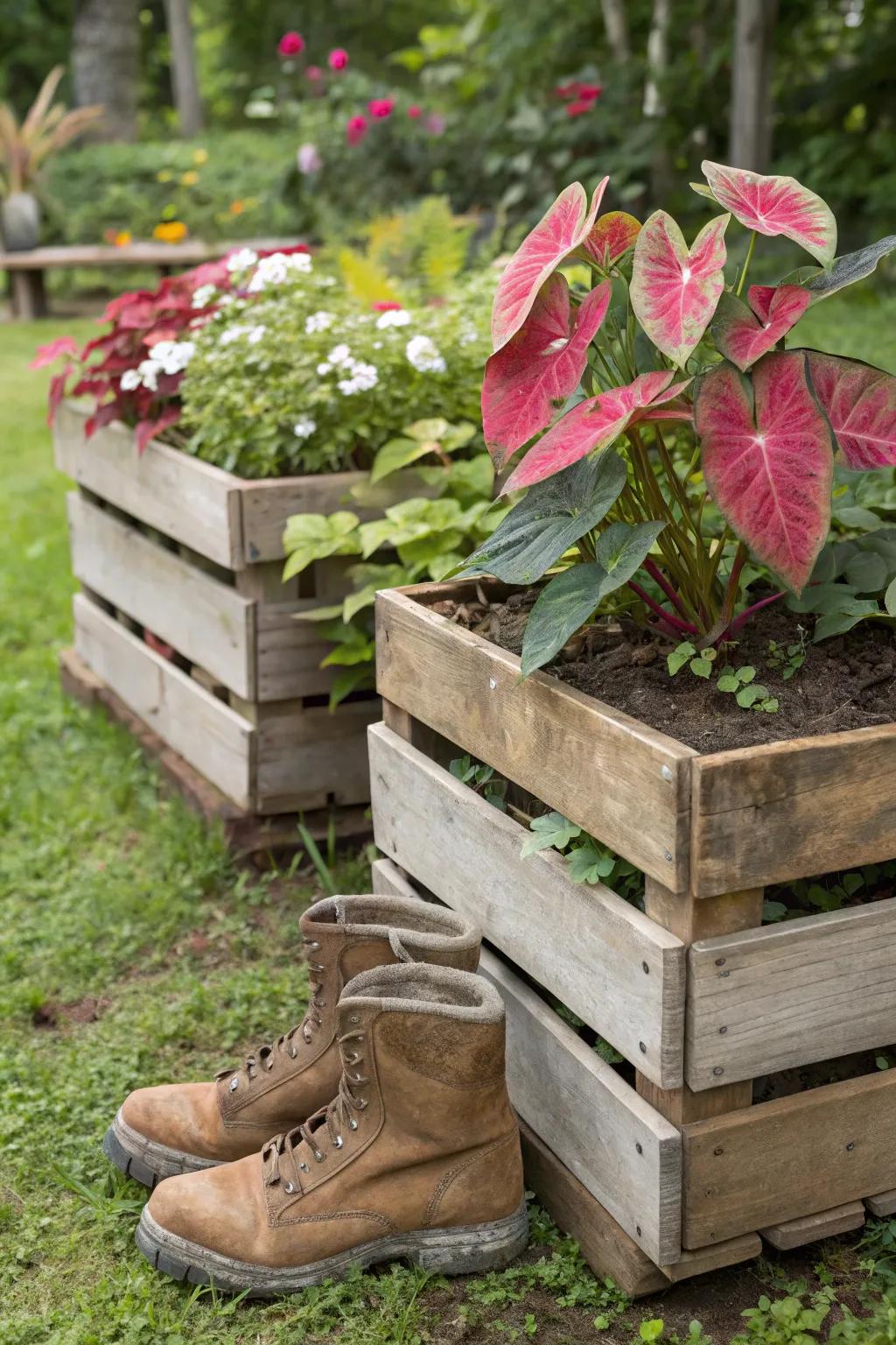 Reclaimed materials fabricate unparalleled, sustainable caladium planters.