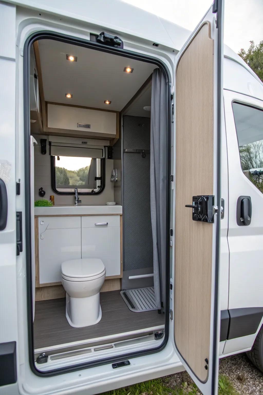 A space-saving moving door in a mobile home washroom.