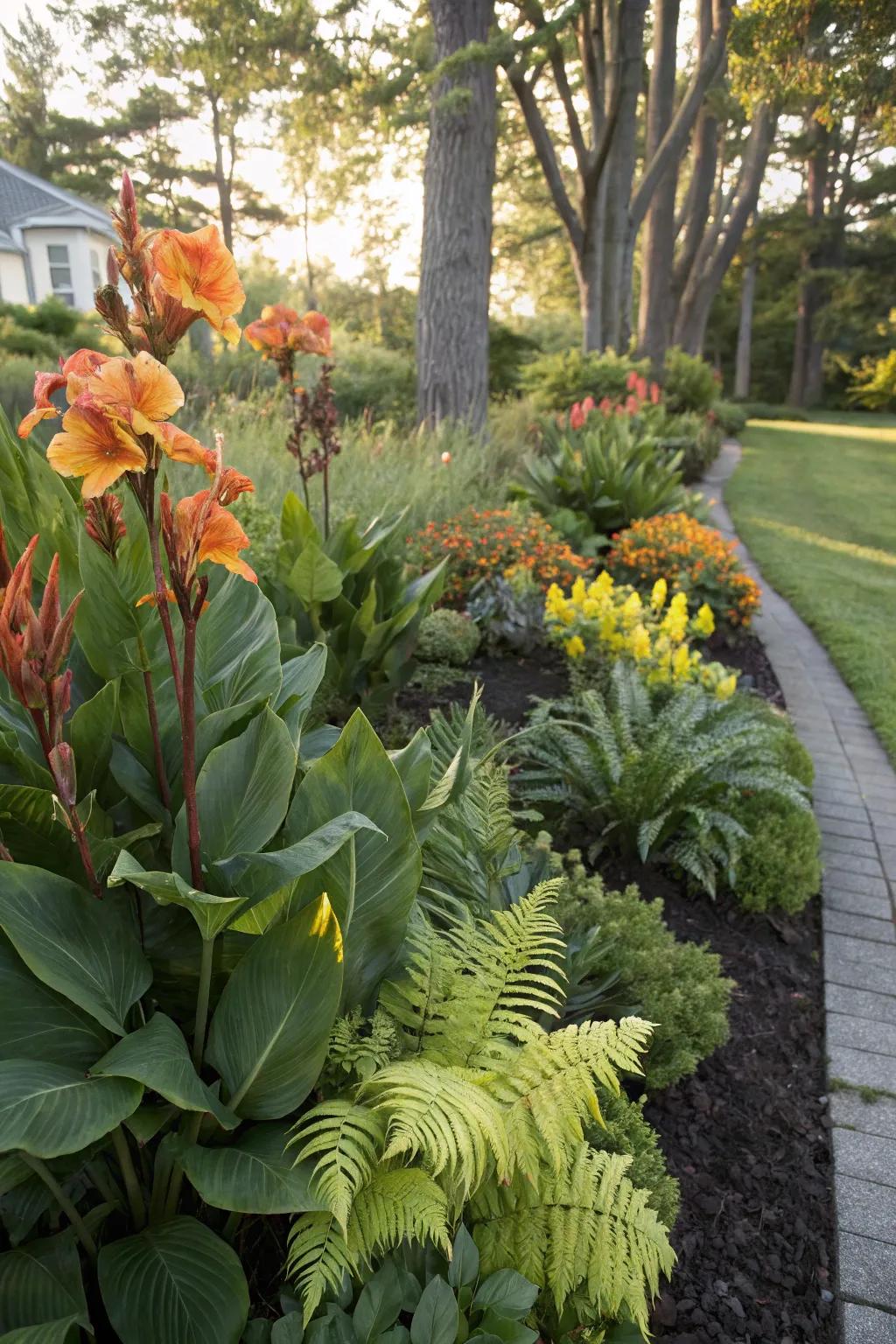 Combine textures by adding complementary plants alongside canna lilies.