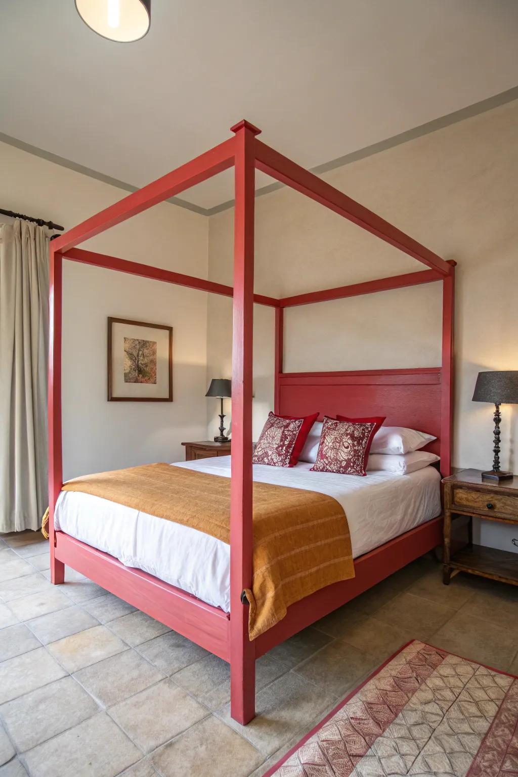 A brightly colored four-poster creates a striking impression in a small space.