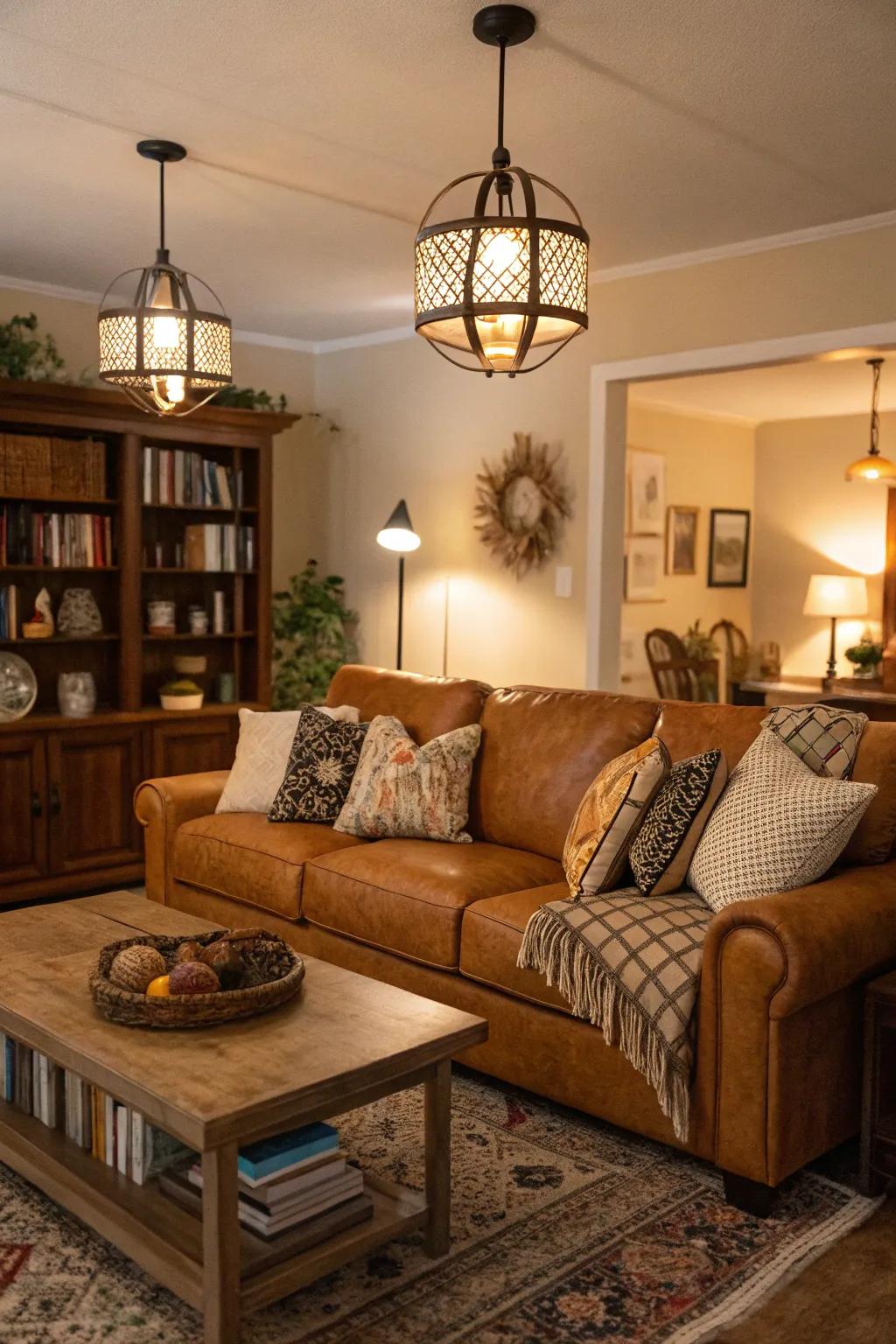 Layered illumination enhances the ambiance of a butterscotch sofa room.