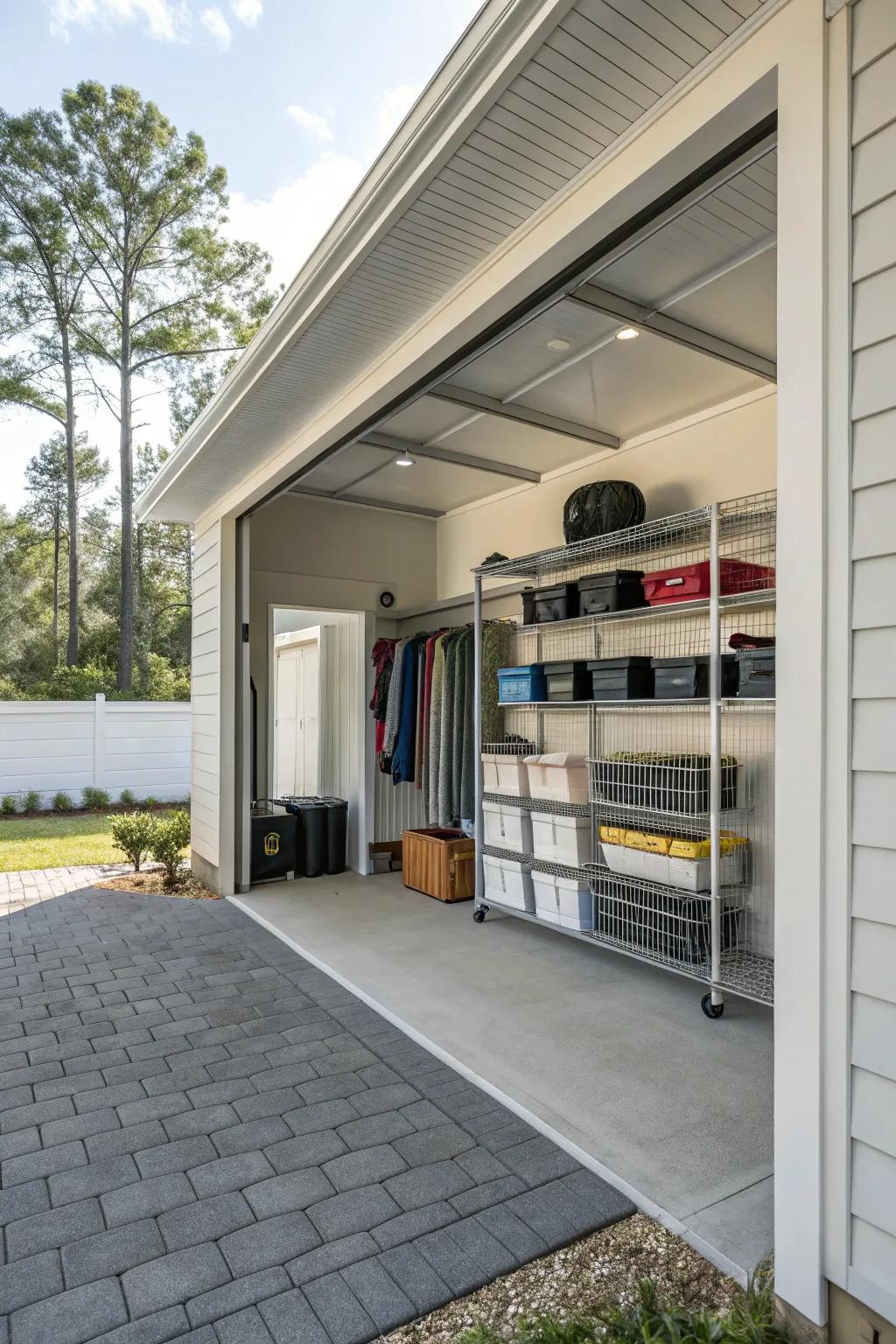 A well-organized carport featuring integrated storage options for optimum functionality.