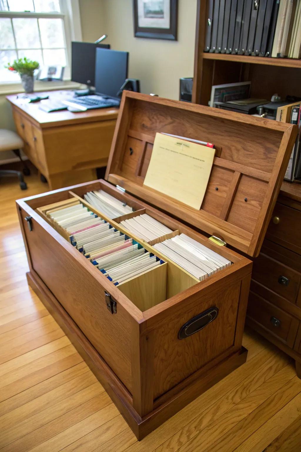 A blanket chest doubles as an elegant filing cabinet.