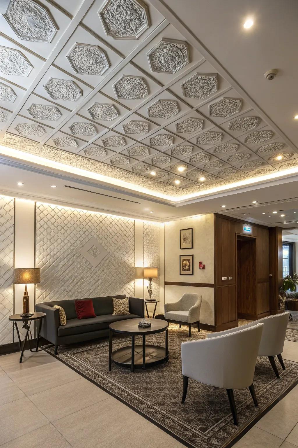 A setting styled with fashionable ceiling segments that infuse textural interest.