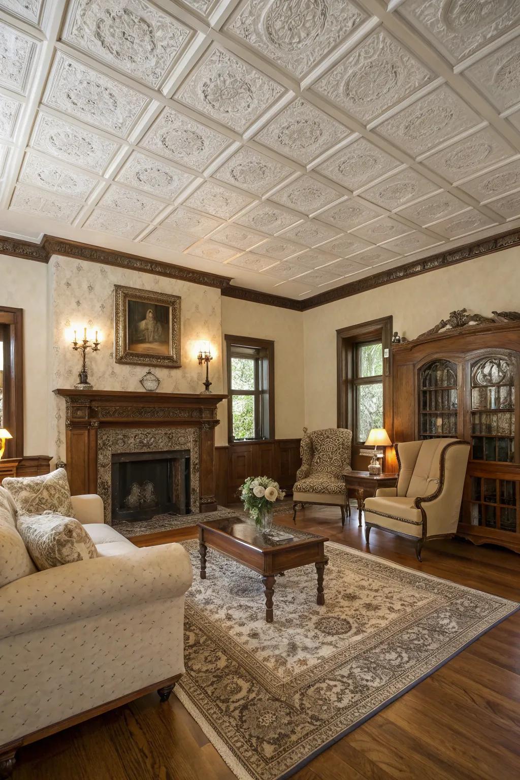 A traditional living area featuring timeless ceiling squares.