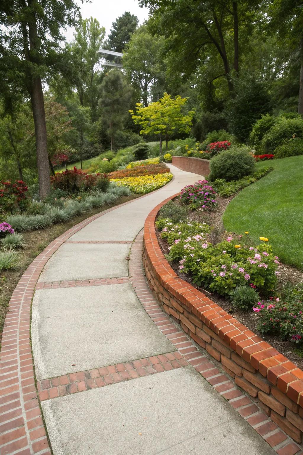 Concrete walkway with bold brick borders for a classic touch.