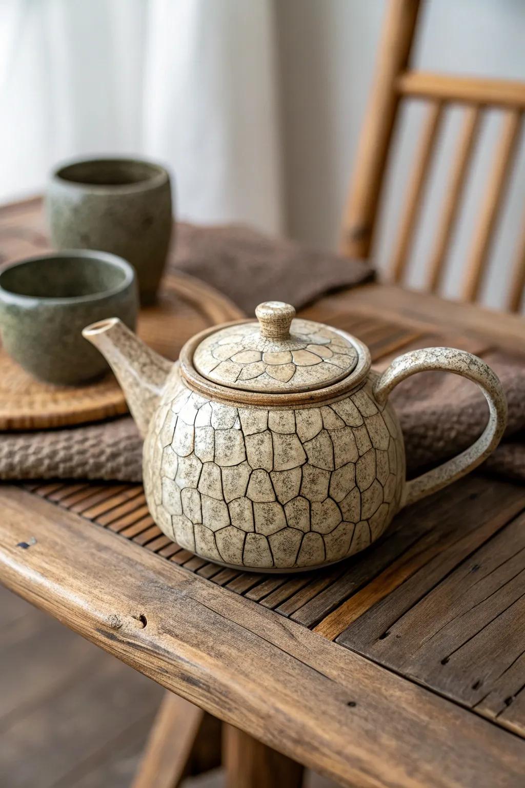 A textured surface adds detail and intrigue to this ceramic teapot.