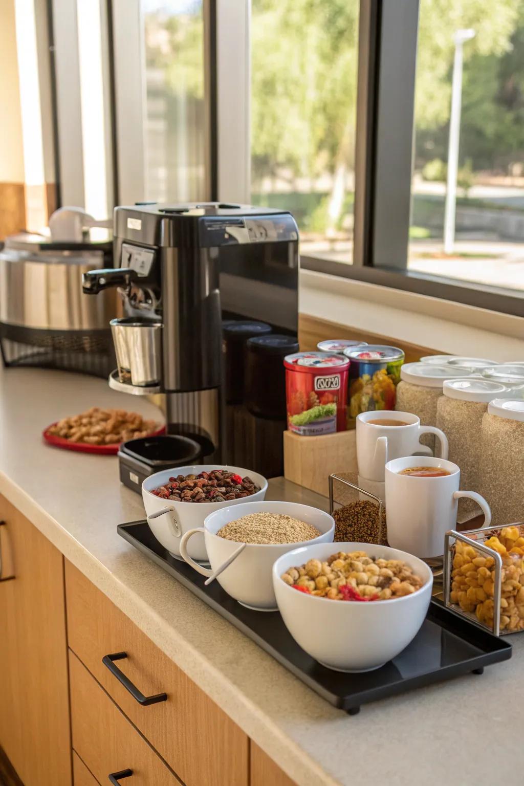 A coffee spot nicely complements your cereal bar.