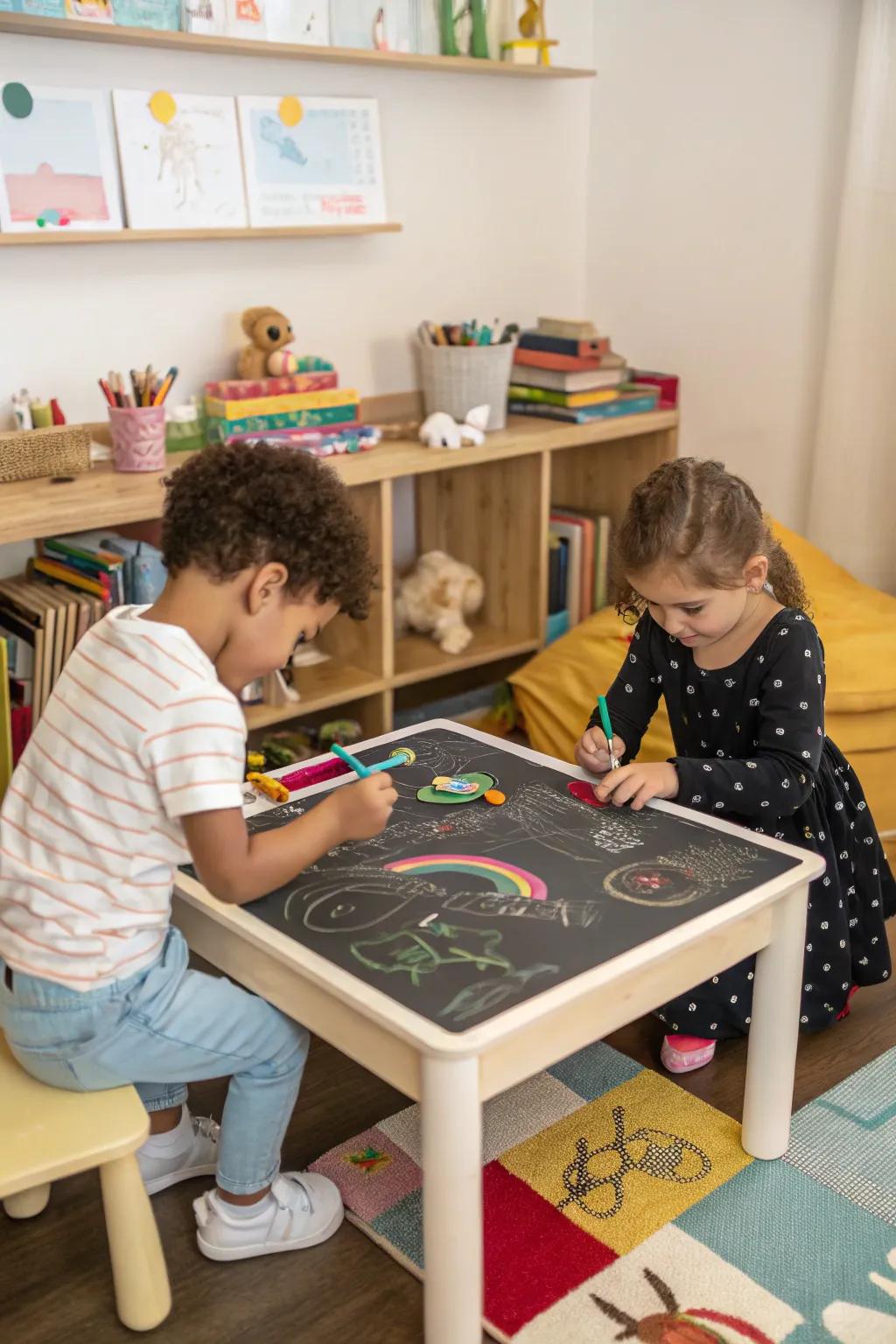 Chalkboard paint on furniture inspires creativity.