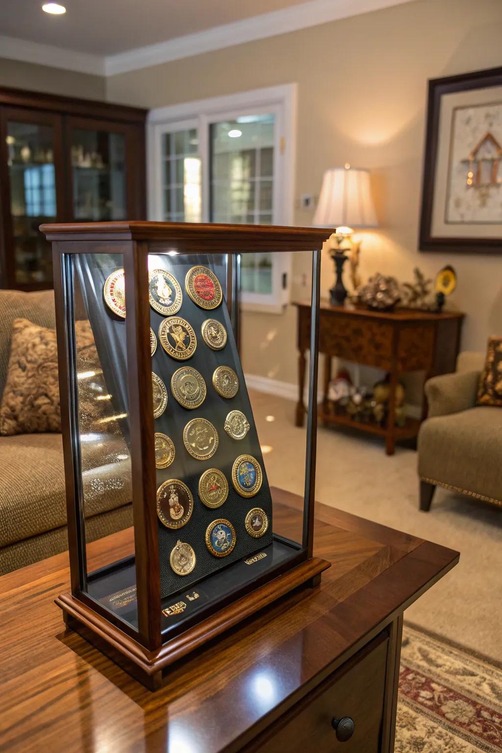 Showcases featuring glass panels safeguard and exhibit your medallions.