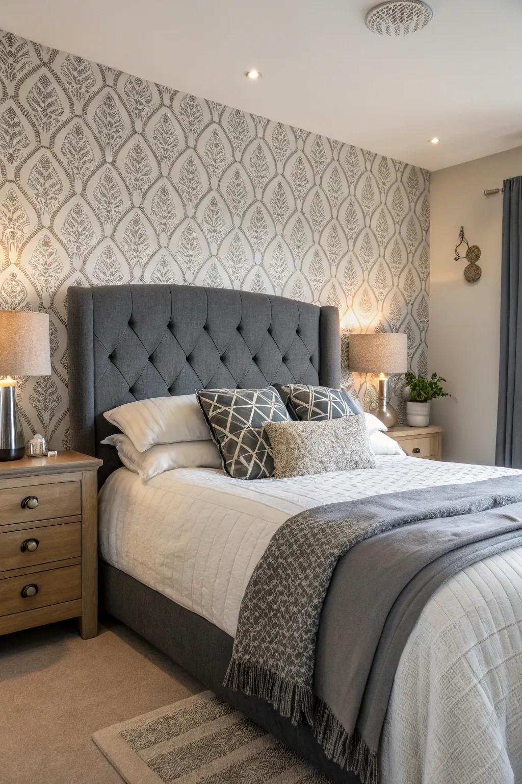 Patterned wall covering delivers a remarkable foundation for a grey headboard.