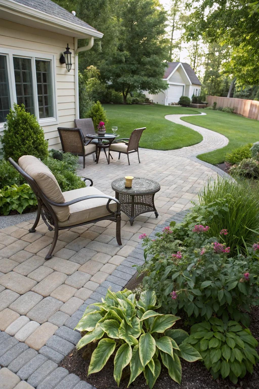 A flagstone deck provides a functional and chic outdoor space.