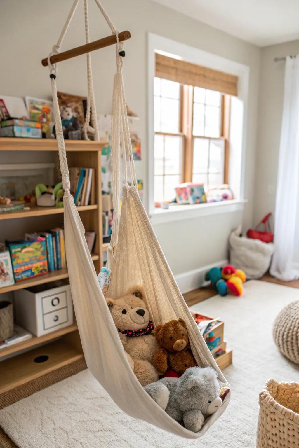 Hammocks for toys fashion a playful display for stuffed animals.