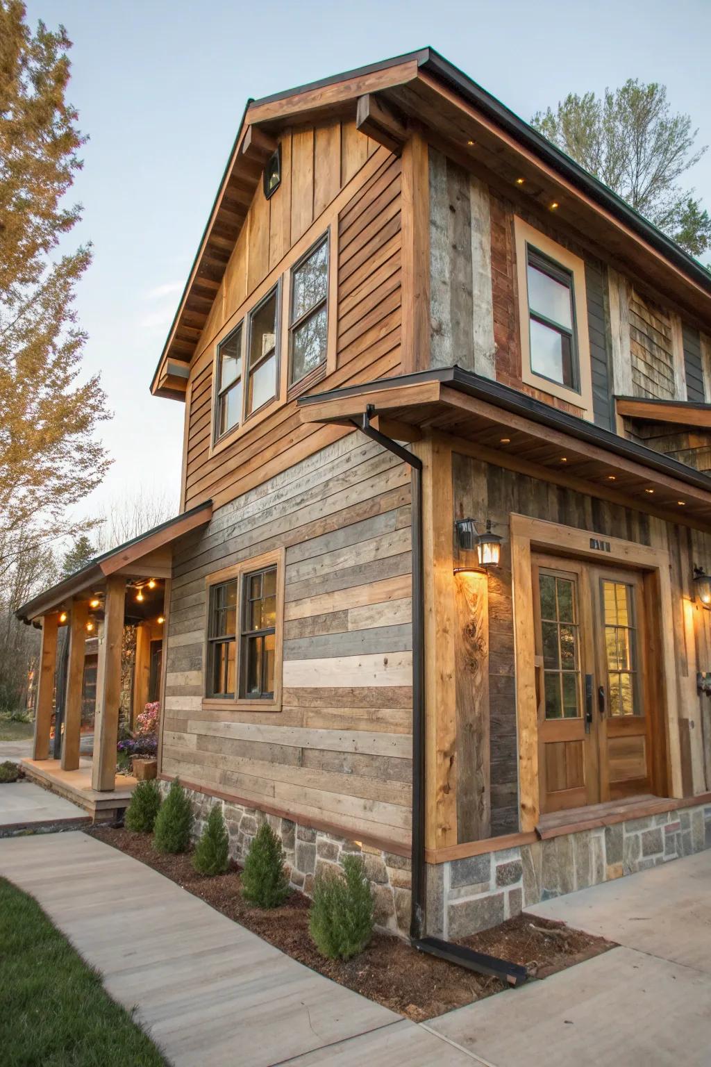Reclaimed wood siding adds character and promotes sustainability.