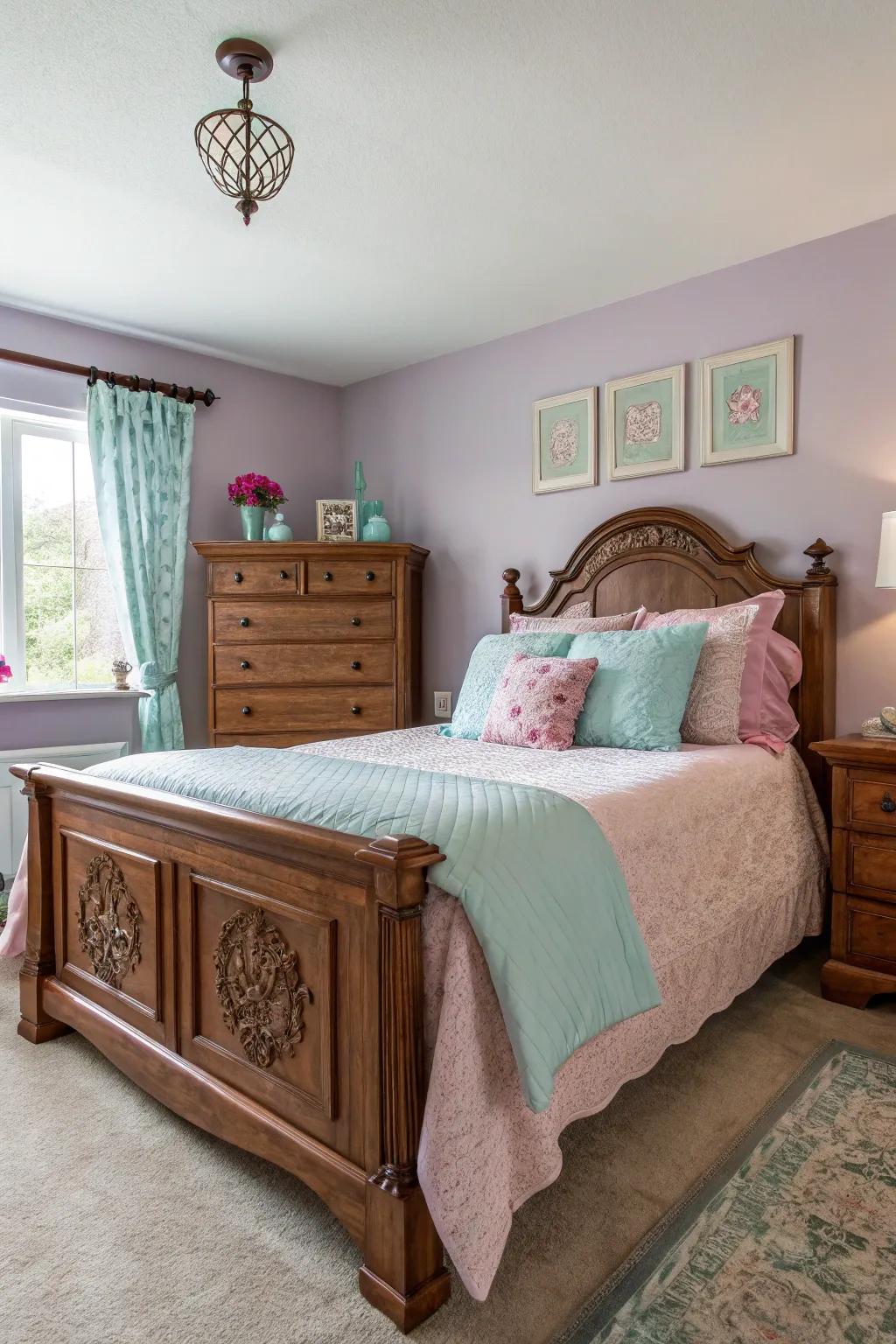 Muted pastels bestowing a tranquil touch to a maple wood bedroom.