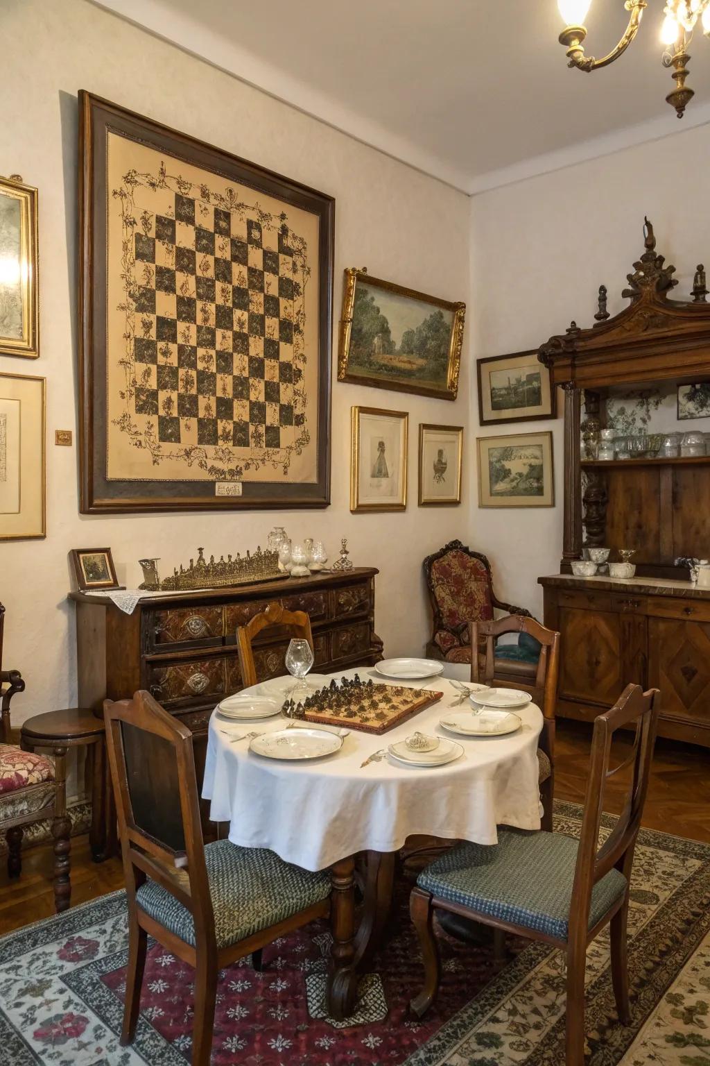 Vintage chess artwork integrates easily with antique interiors.
