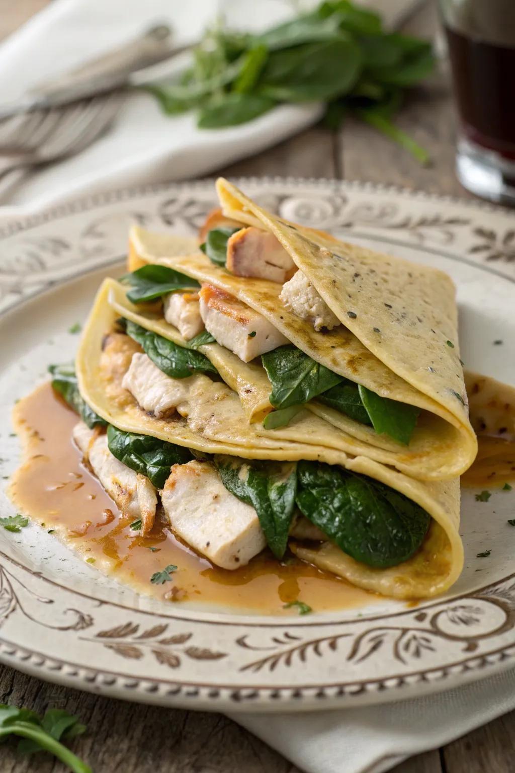 Chicken and spinach crepes, a refined and delicious choice.