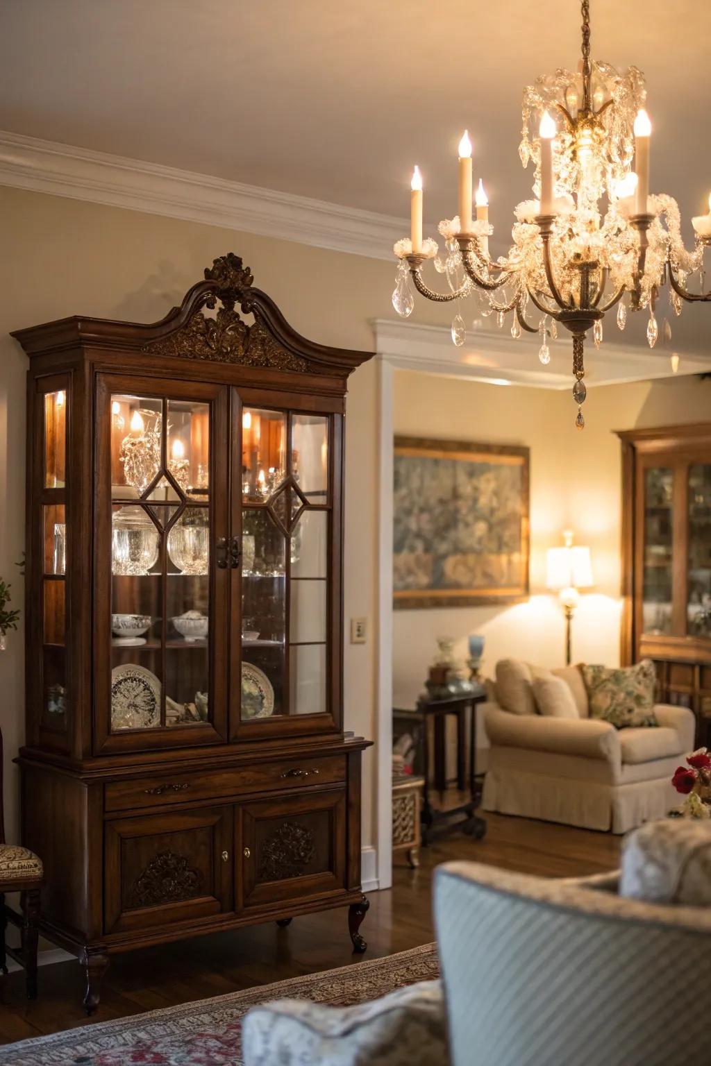 Ambient lighting spotlighting a display case.