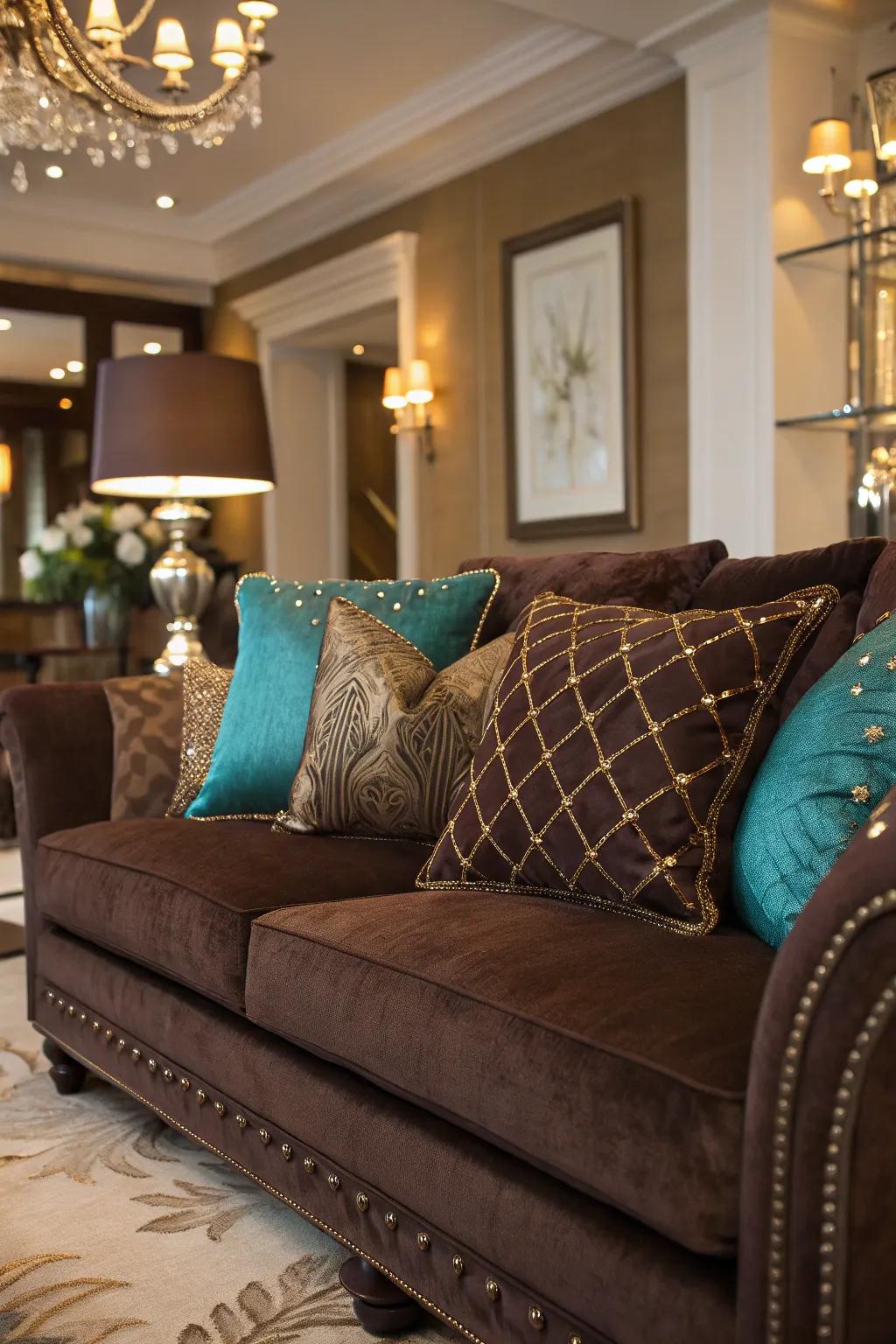 Gem tones add luxury and elegance to a cocoa sofa setup.