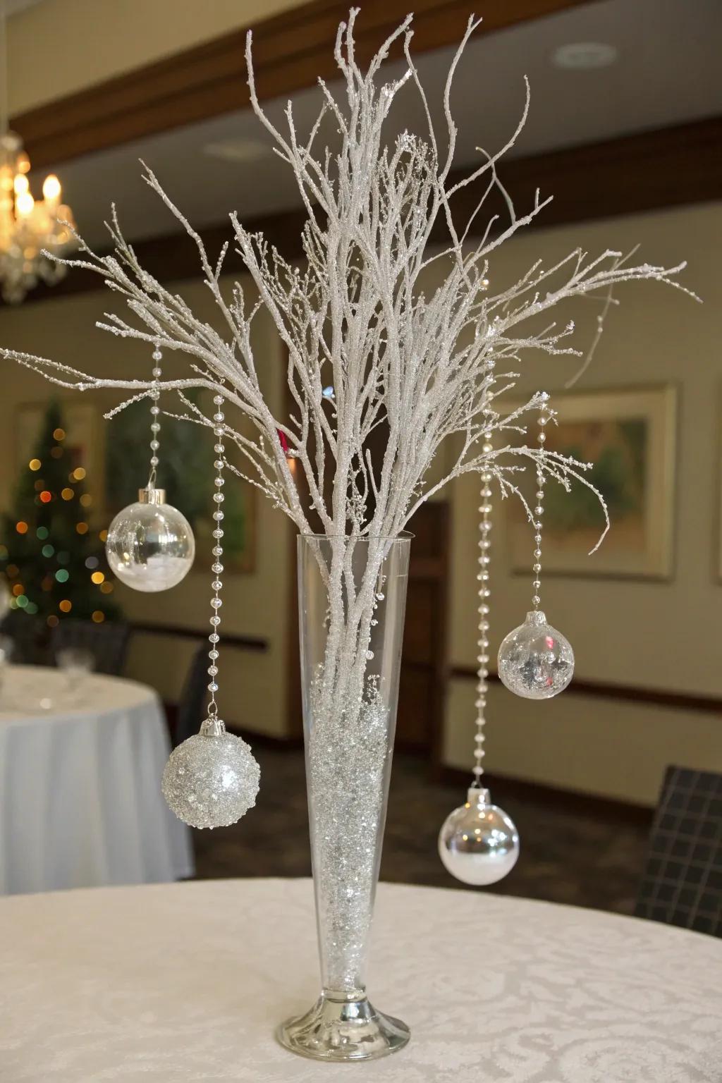 Snowy branches with crystals create an elegant and timeless centerpiece.