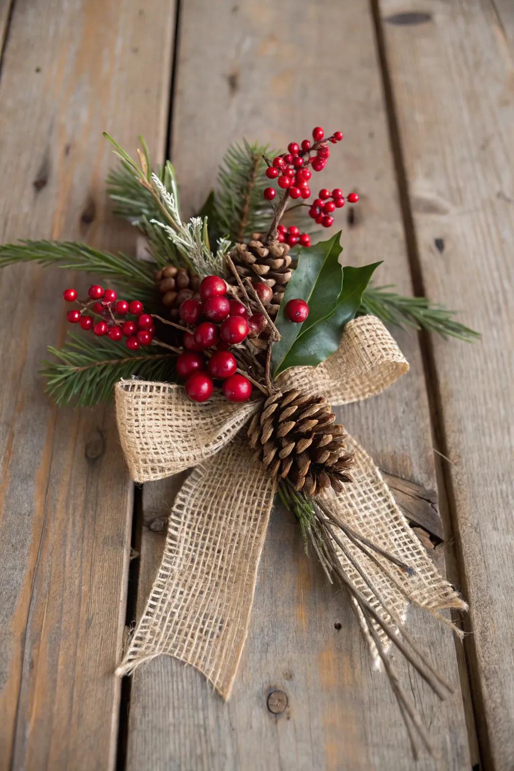 A snug holiday adornment featuring rough fabric and berries.