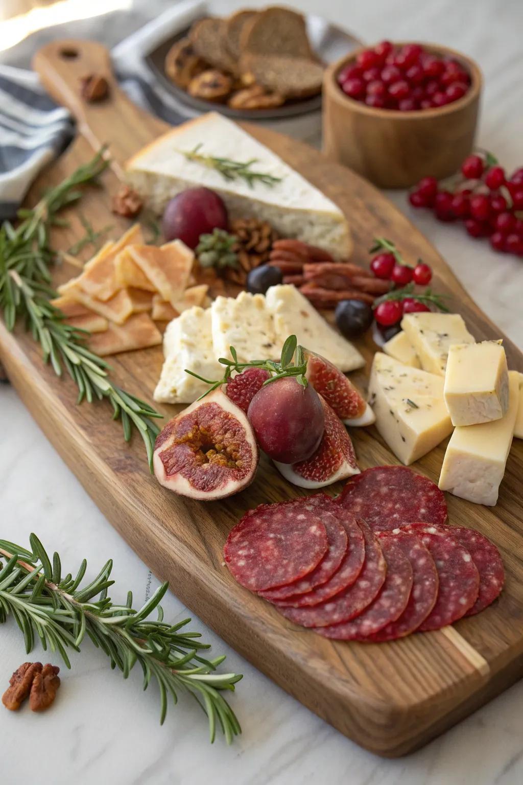 Elevate your holiday gatherings with a Christmas-themed charcuterie plank that amalgamates festive allure and artisan sophistication.