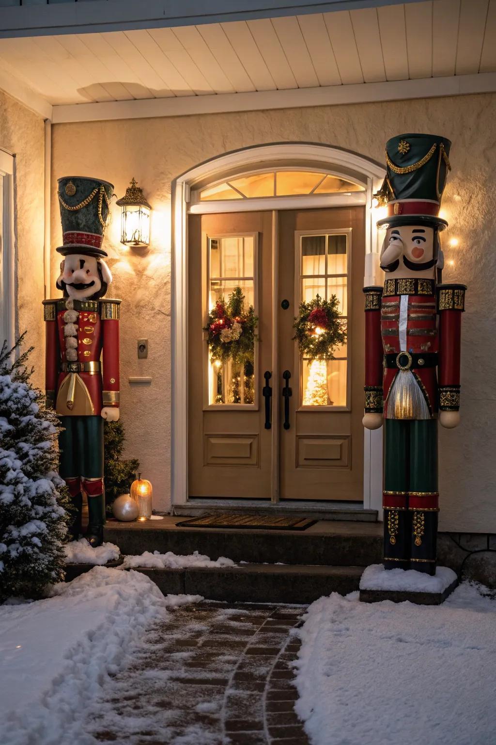 Toy soldier sentinels stand guard for a festive welcome.