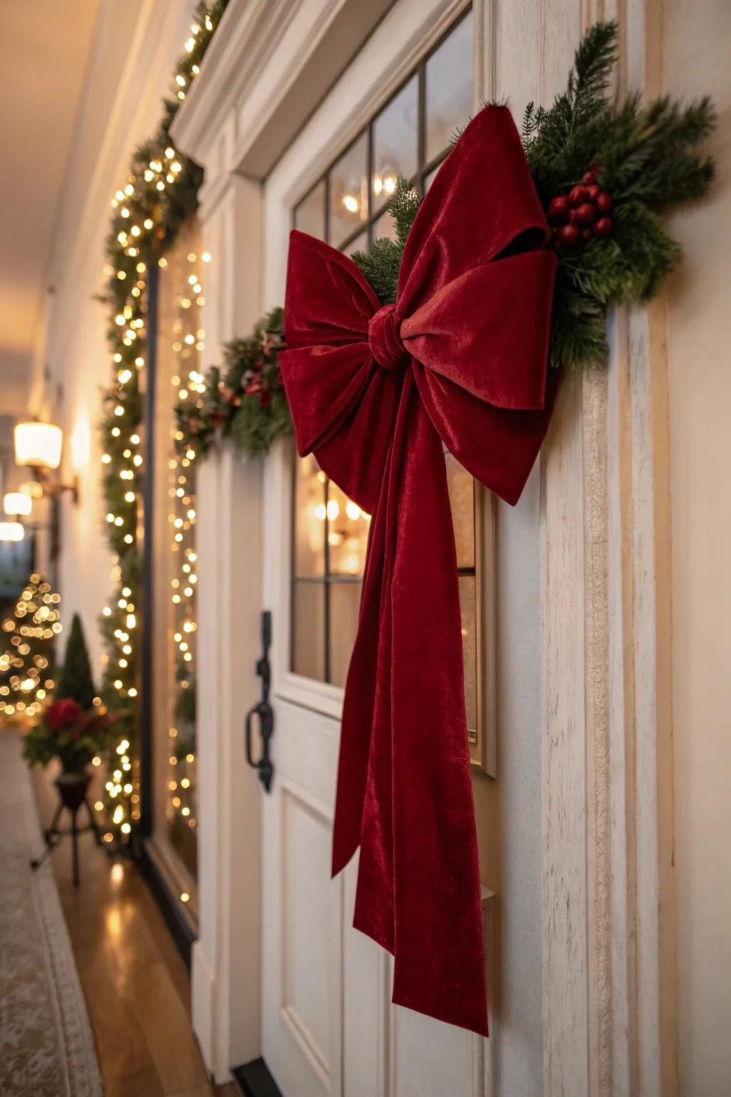 A sophisticated velour ribbon includes a touch of deluxe to this Christmas door.