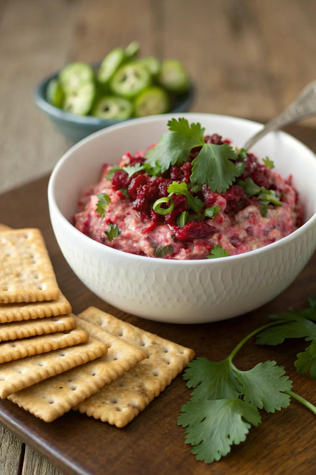 Cranberry jalapeño dip is a bold and flavorful choice.