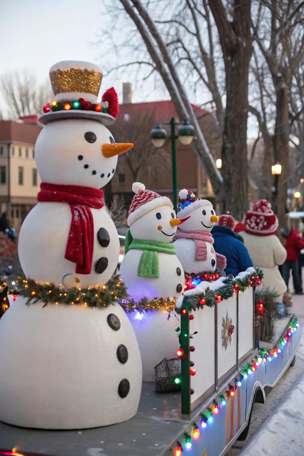 A delightful snowman parade float featuring endearing personalities.