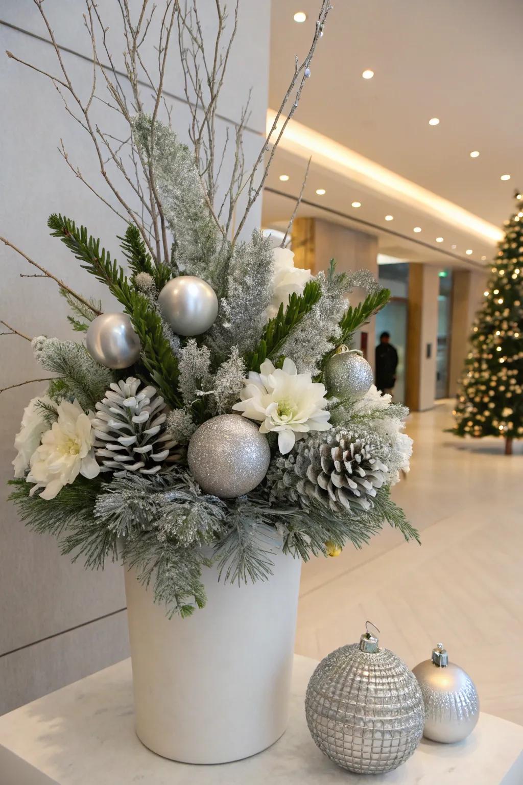 Iced pine and silver accents fashion a frozen wonderland.